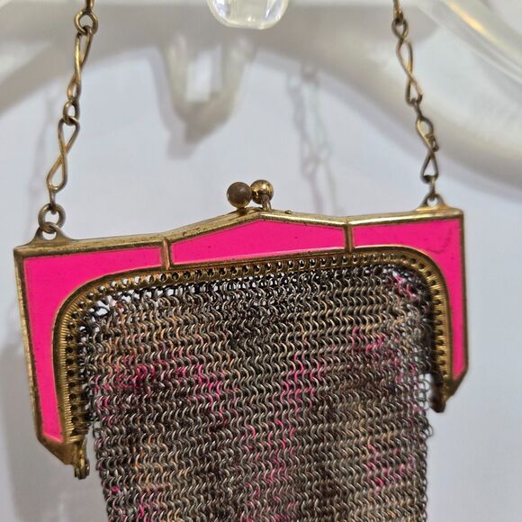 Vintage WHITING & DAVIS Pink Enameled Colorful Mesh Flapper Purse Tiny ~ READ - Picture 6 of 10